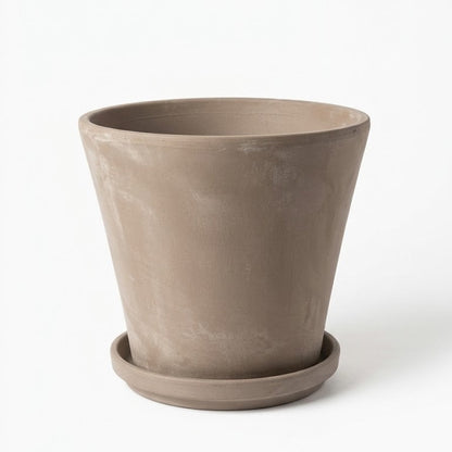 Grey Cone Clay Planter with Drainage and Tray | 9 inch Diameter