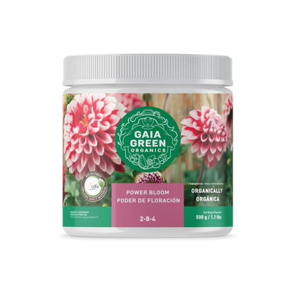 Gaia Green Power-Bloom Fertilizer 500g in 2-8-4 Ratio — Fertilizer bottle of fertilizer on white background — for sale by Promise Supply for delivery and pickup in Toronto.
