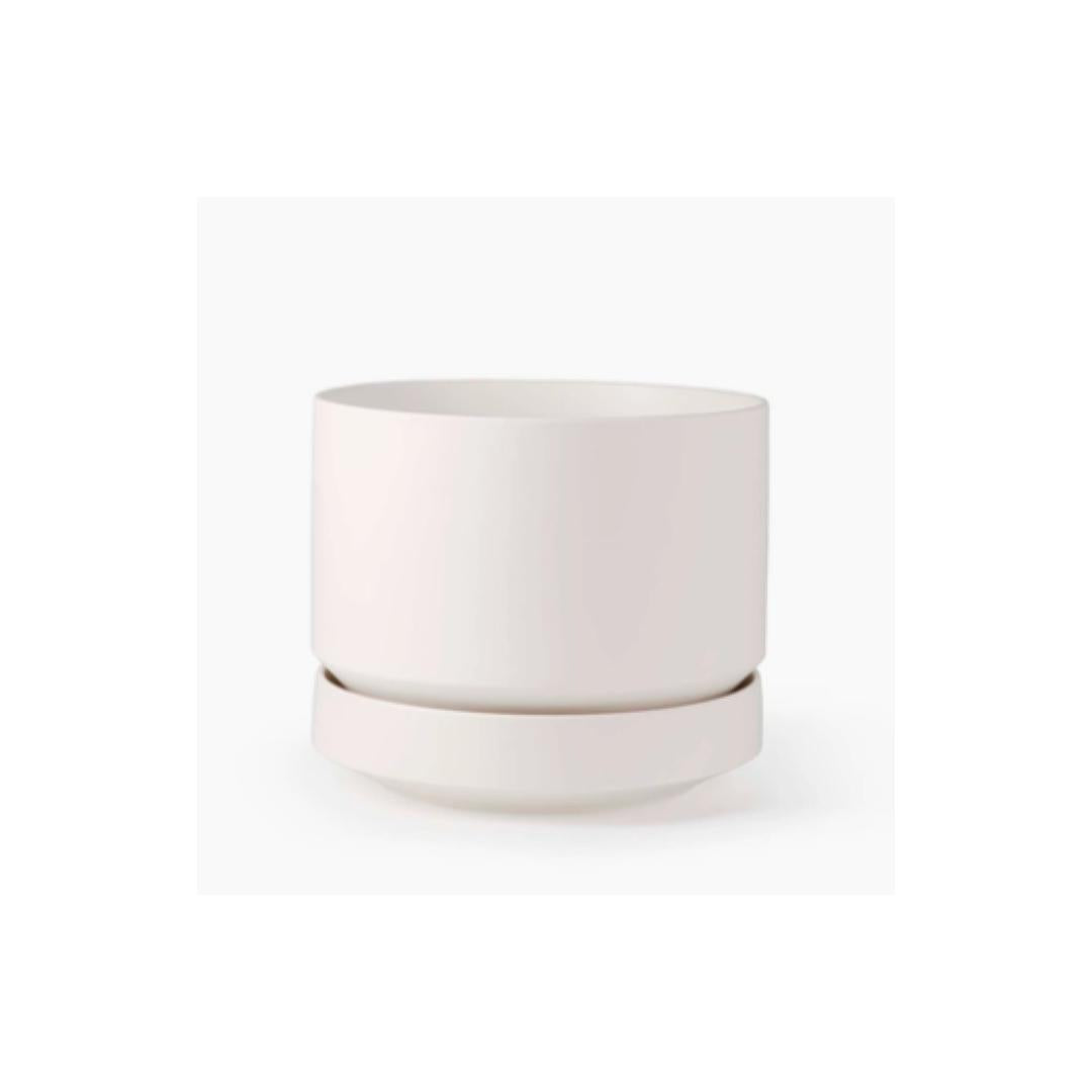 Round Two White Ceramic Planter with Drainage and Tray 8 inch Diameter
