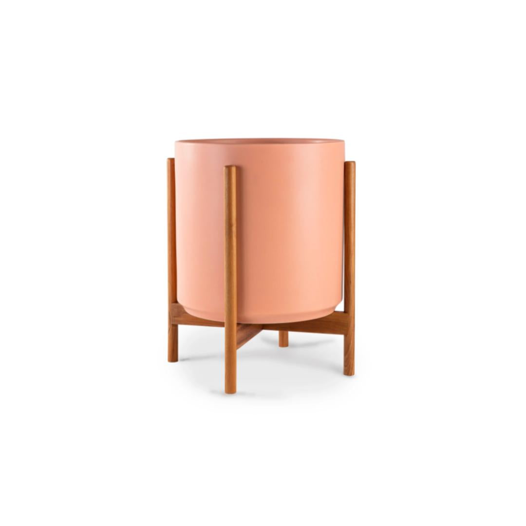 The Fourteen Peach Ceramic Cylinder Planter with Natural Teak Wooden Stand | Fits up to 14 inch Nursery Pot