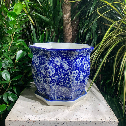 Chinoiserie Wavy Edge Blue Planter with Drainage and Tray in 10 inch Diameter